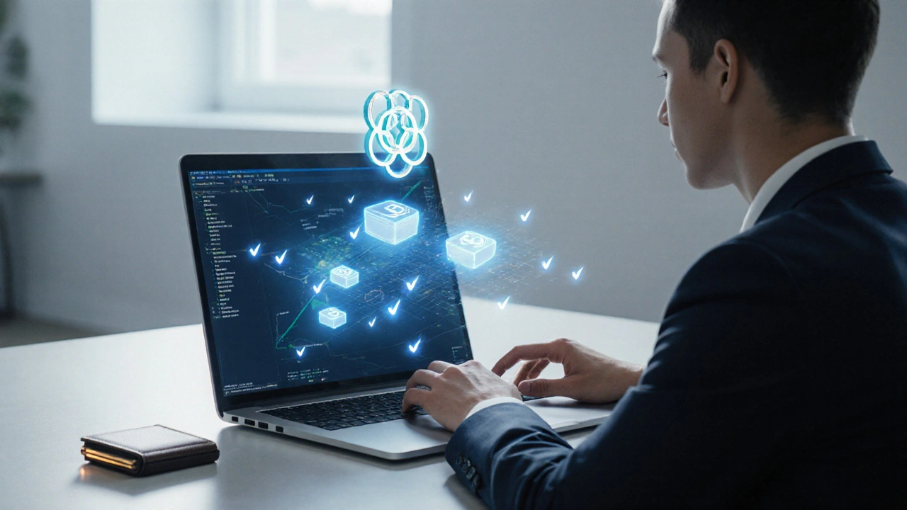 Händler prüft Bestätigungen auf einem holografischen Block‑Explorer neben einem Hardware‑Wallet.