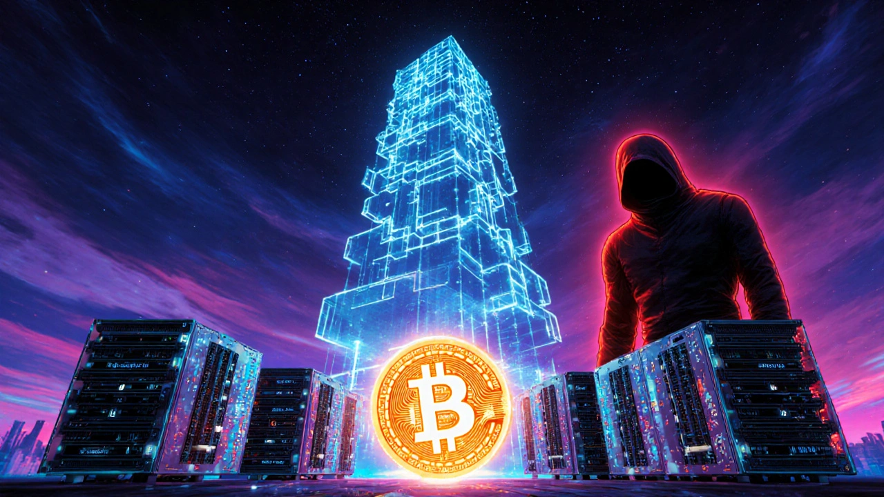 Leuchtende Blockkette und konkurrierende Miner im Cyber‑Punk‑Stil, mit 51‑%‑Angreifer im Schatten.