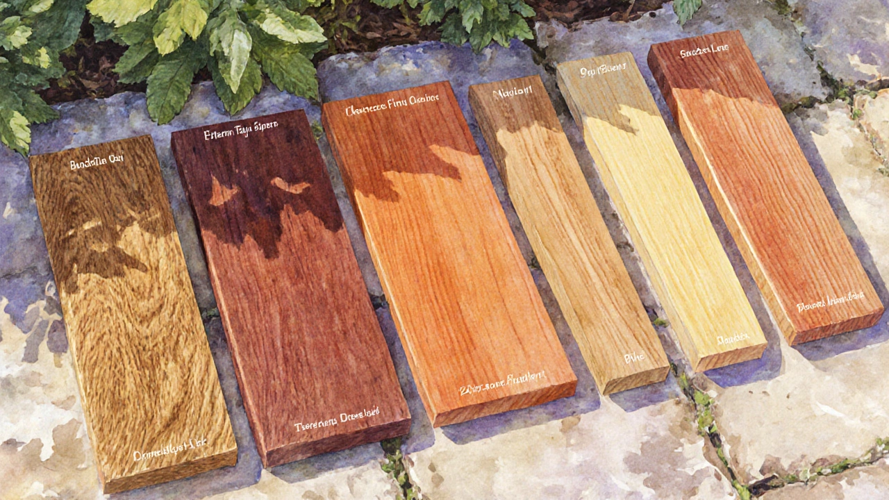 Wasserfarben-Illustration verschiedener Holzarten auf einer Steinplatte im Sonnenlicht.