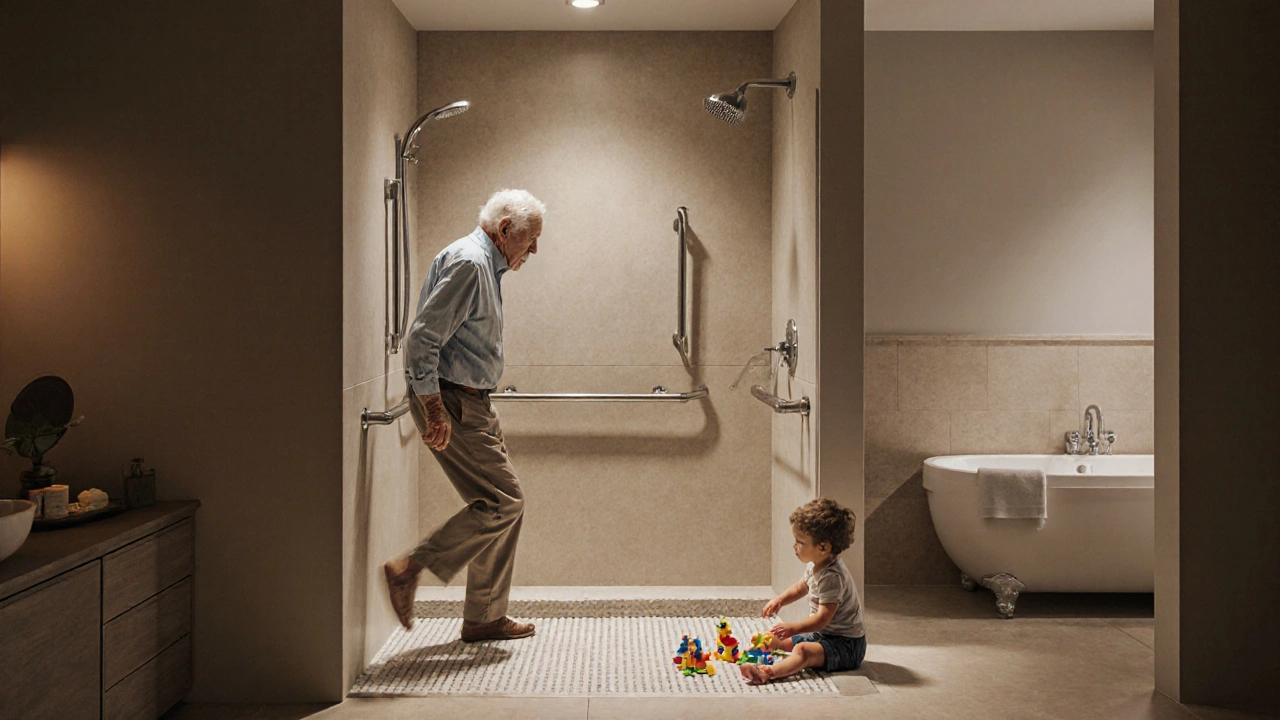 Ältere Person sicher in eine barrierefreie Dusche mit Haltegriffen und Kinderspielzeug im Hintergrund.