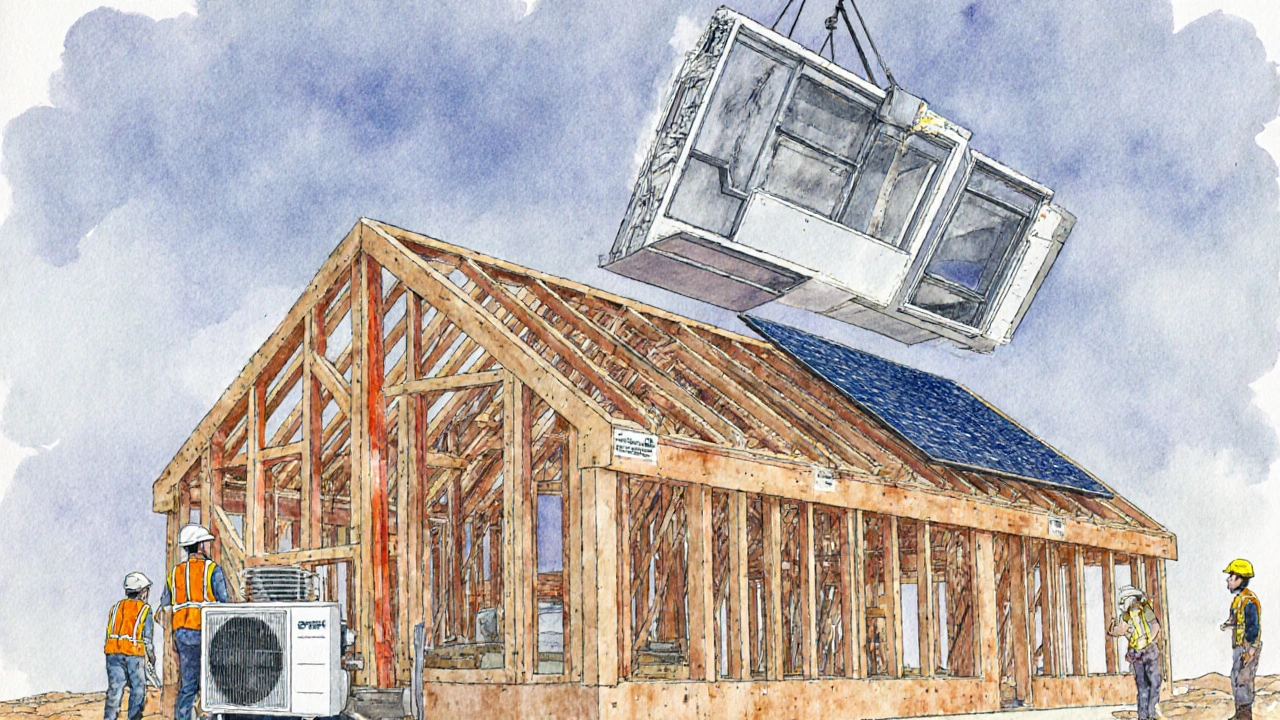 Baustelle mit Holz‑Hybridrahmen, Arbeitern, Fenstern und Solarpanelen im Aufbau.