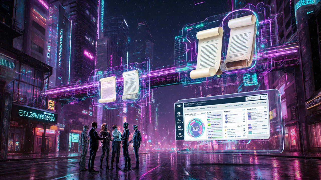 Cyber‑punk‑Stadt mit leuchtenden Cross‑Chain‑Brücken und holografischen Governance‑Modulen.