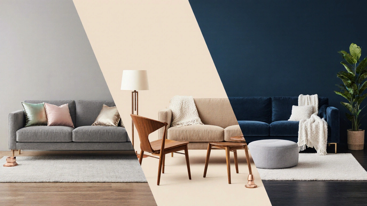 Drei Sofas nebeneinander in Grau, Beige und Marineblau mit passenden Accessoires.
