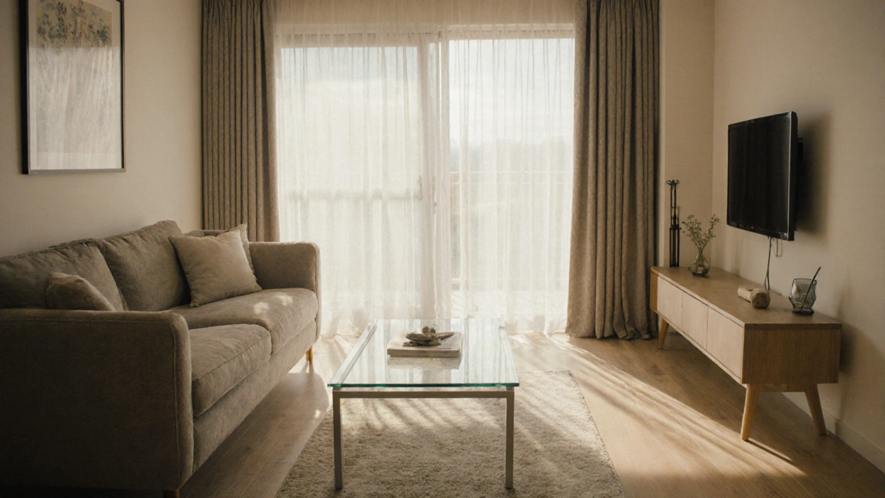 Einladendes Wohnzimmer mit perfekt platzierter Glastisch, Sofa, TV, Teppich und freiem Durchgang.