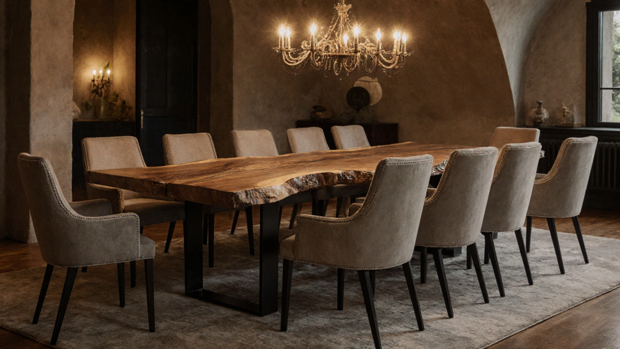 Familie sitzt bequem an einem stabilen, massiven Holztisch für 12 Personen im gut beleuchteten Esszimmer.
