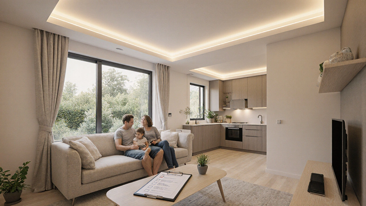 Fertiges Wohninterieur mit LED‑Beleuchtung, Familie im Wohnzimmer, energieeffiziente Details.