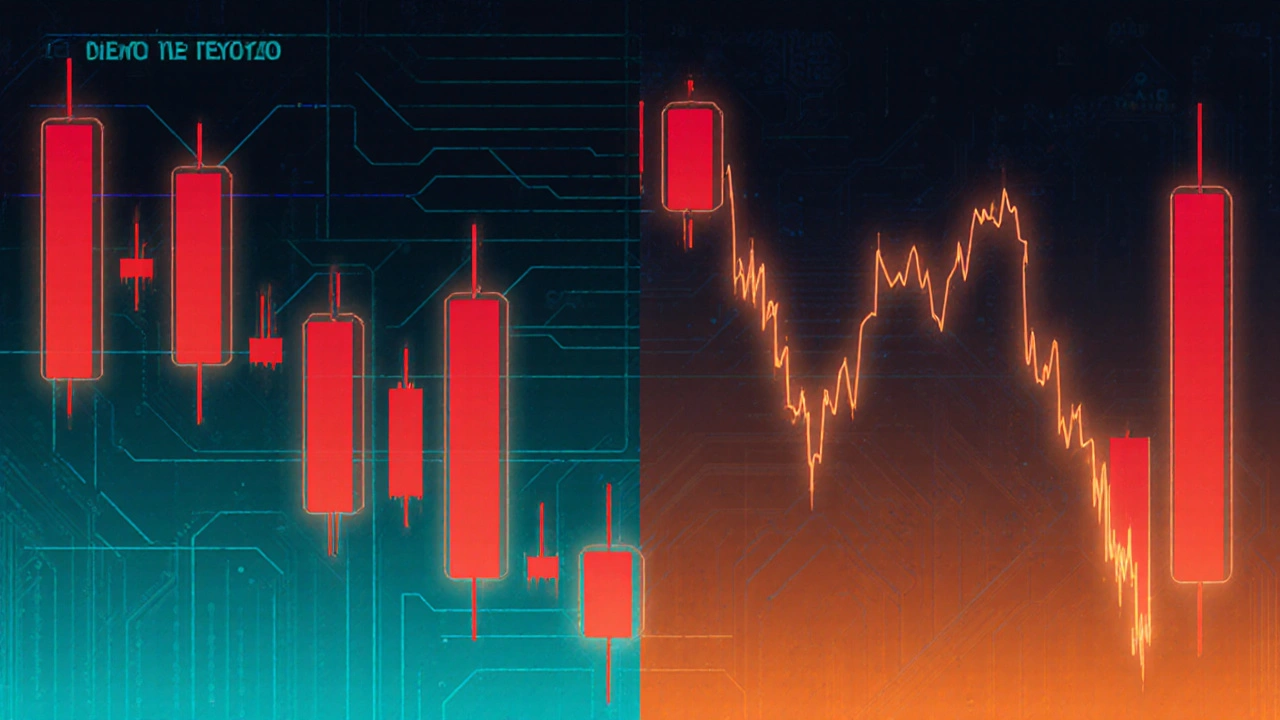 Geteiltes Bild: Bitcoin‑Chart stabil, Ethereum‑Chart stark schwankend mit höherer Volatilität.