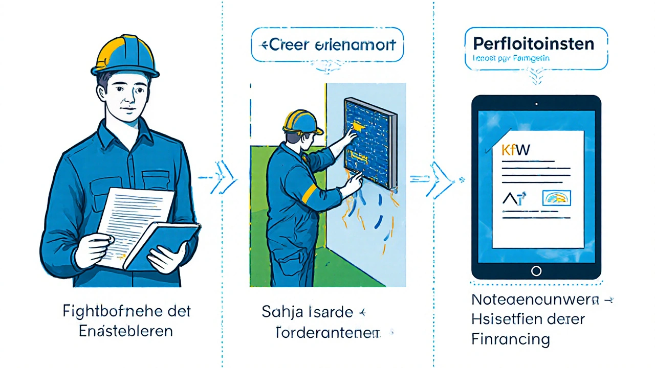 Illustration von Energieberater, Dämmarbeiten und Förderantrag im Sanierungsprozess.