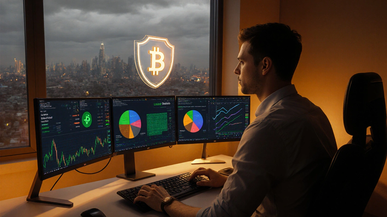 Investor am Schreibtisch prüft Stop‑Loss‑Orders, diversifiziertes Portfolio, Schutzschild‑Symbol.