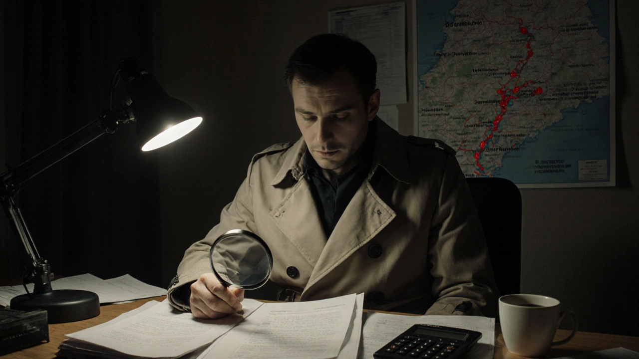 Investor prüft unter Lampenlicht Grundbucheinträge und Sanierungsberichte eines zwangsversteigerten Objekts