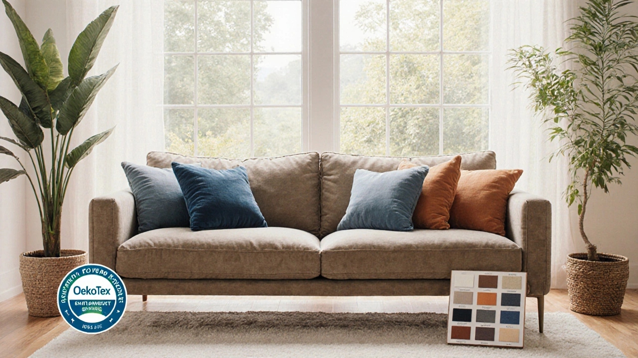 Nachhaltiges Sofa aus recyceltem Stoff, umgeben von Pflanzen und warmem Licht.