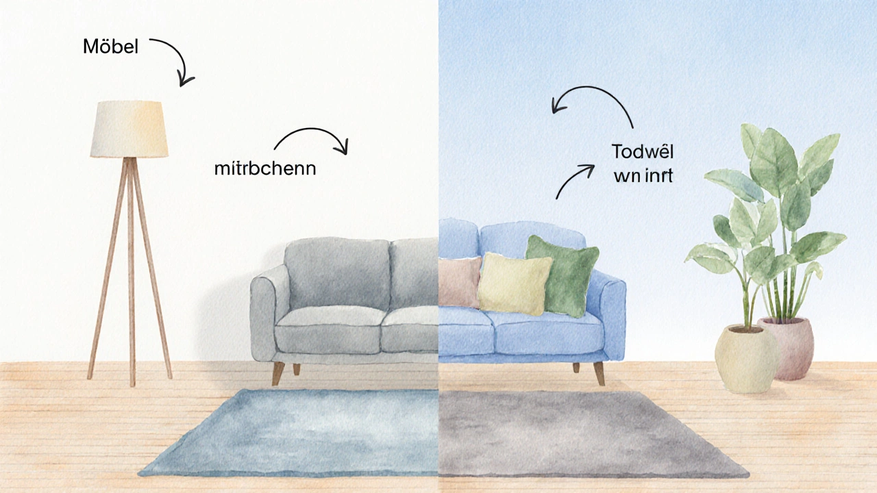 Pastellgewassertes Wohnzimmer, das Möbel zeigt und deren Anordnung.