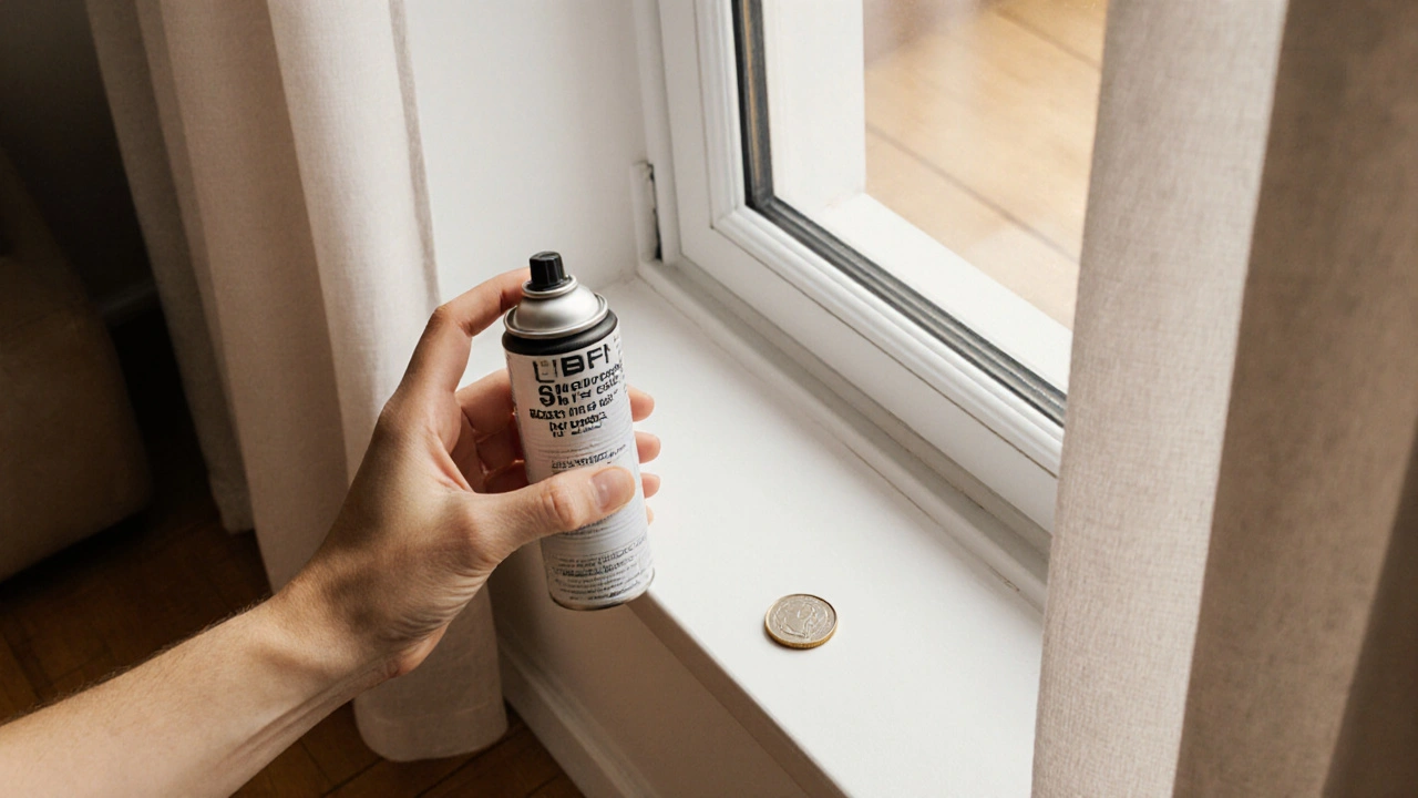 Perfekt abgedichtetes Fenster mit Silikonspray und Münze auf der Fensterbank.