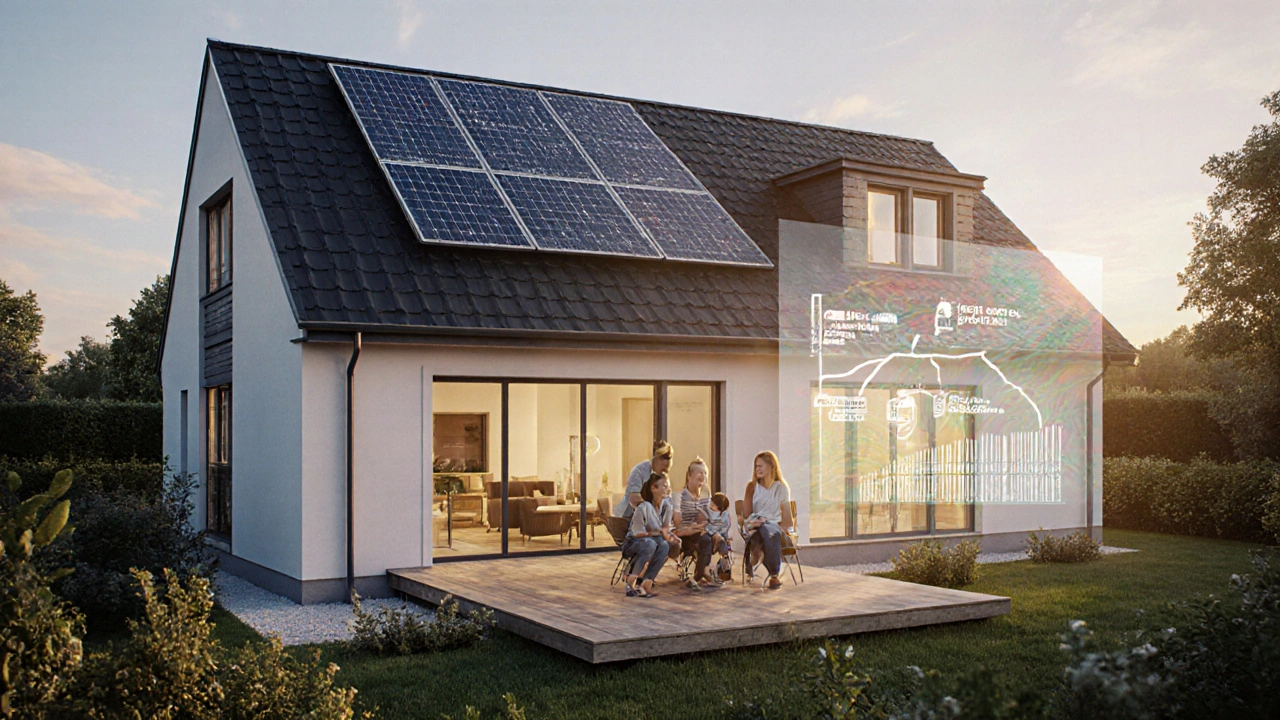 Renoviertes Haus mit Solarpanelen, modernen Fenstern und zufriedener Familie.