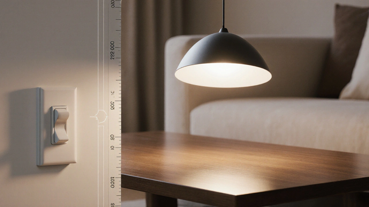 Sanfter Lichtkranz über dem Couchtisch mit Dimmer‑Schalter im Hintergrund.