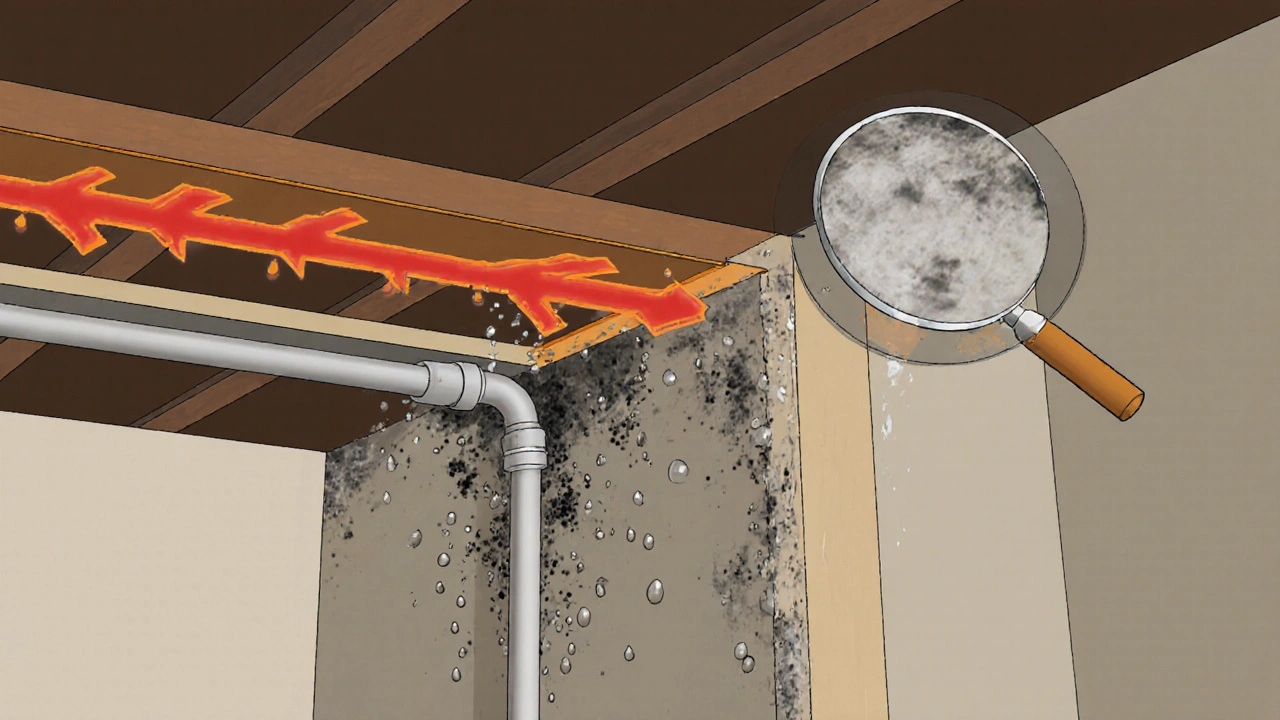 Schnittansicht eines Kellerwärmebrücken-Problems mit Wärmefluss, Kondensation und Schimmelbildung an einer Decken-Wand-Verbindung.