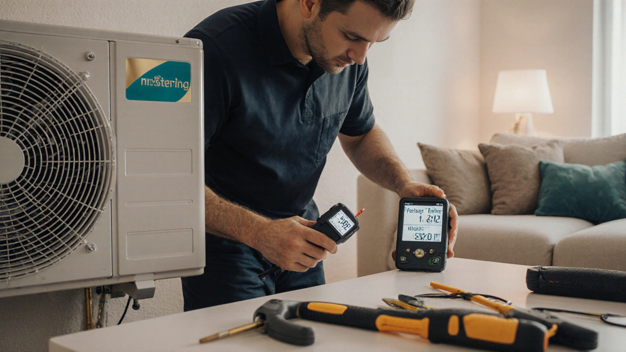 Techniker misst Heizungswerte mit Messgerät an einer Wärmepumpe in einem österreichischen Haus.