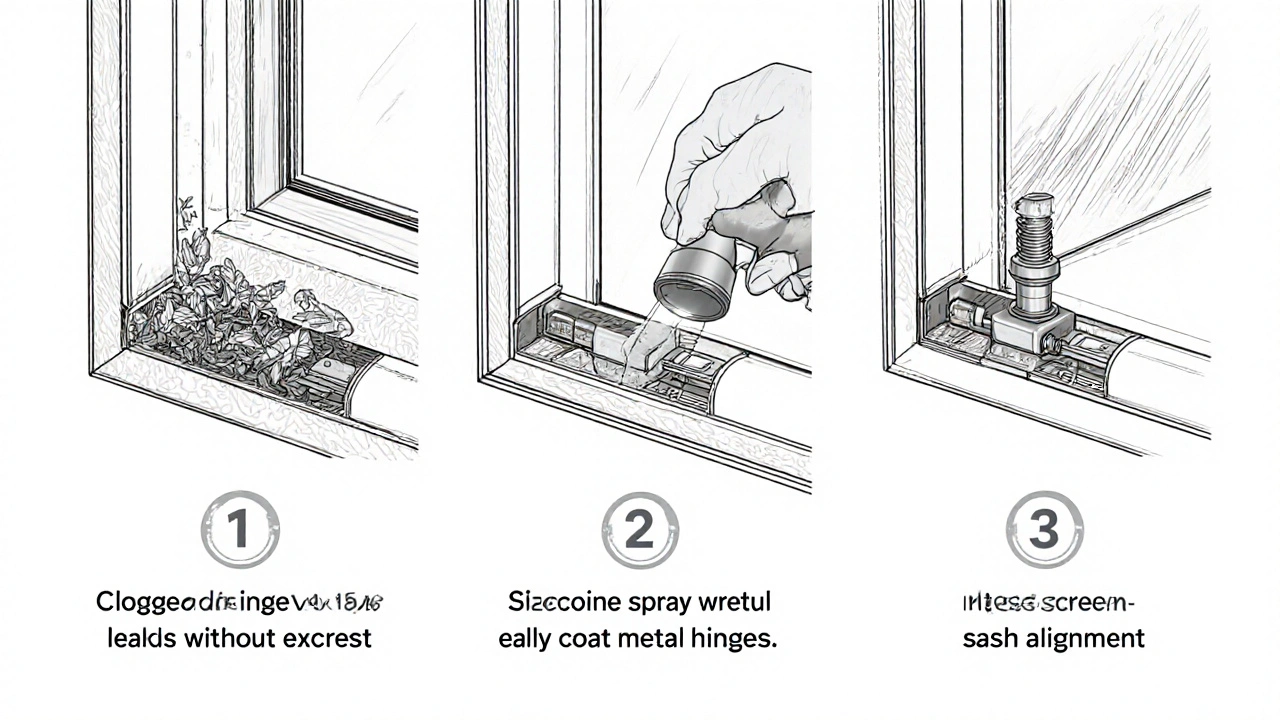 Technische Darstellung der Fensterwartung: Entwässerung, Schmieren und Nachstellung.