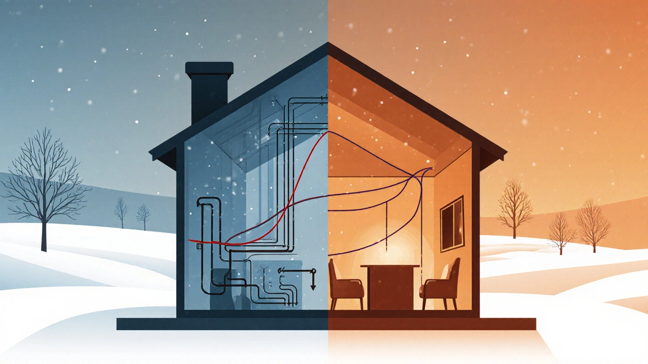 Transparentes Haus mit vergleichenden Heizkurven: steil (verschwendend) und flach (effizient).