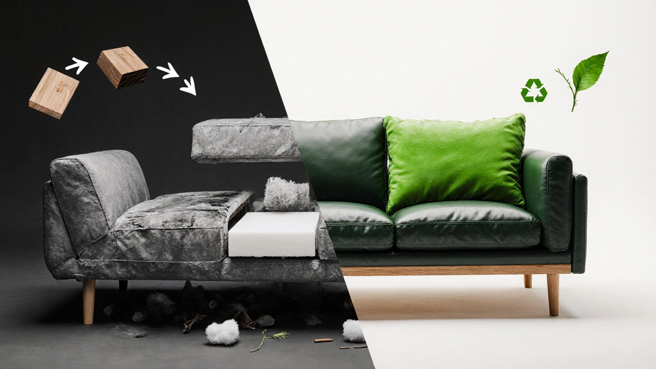 Vergleich zwischen altem Sofa, das recycelt wird, und modernem nachhaltigen Sofa.