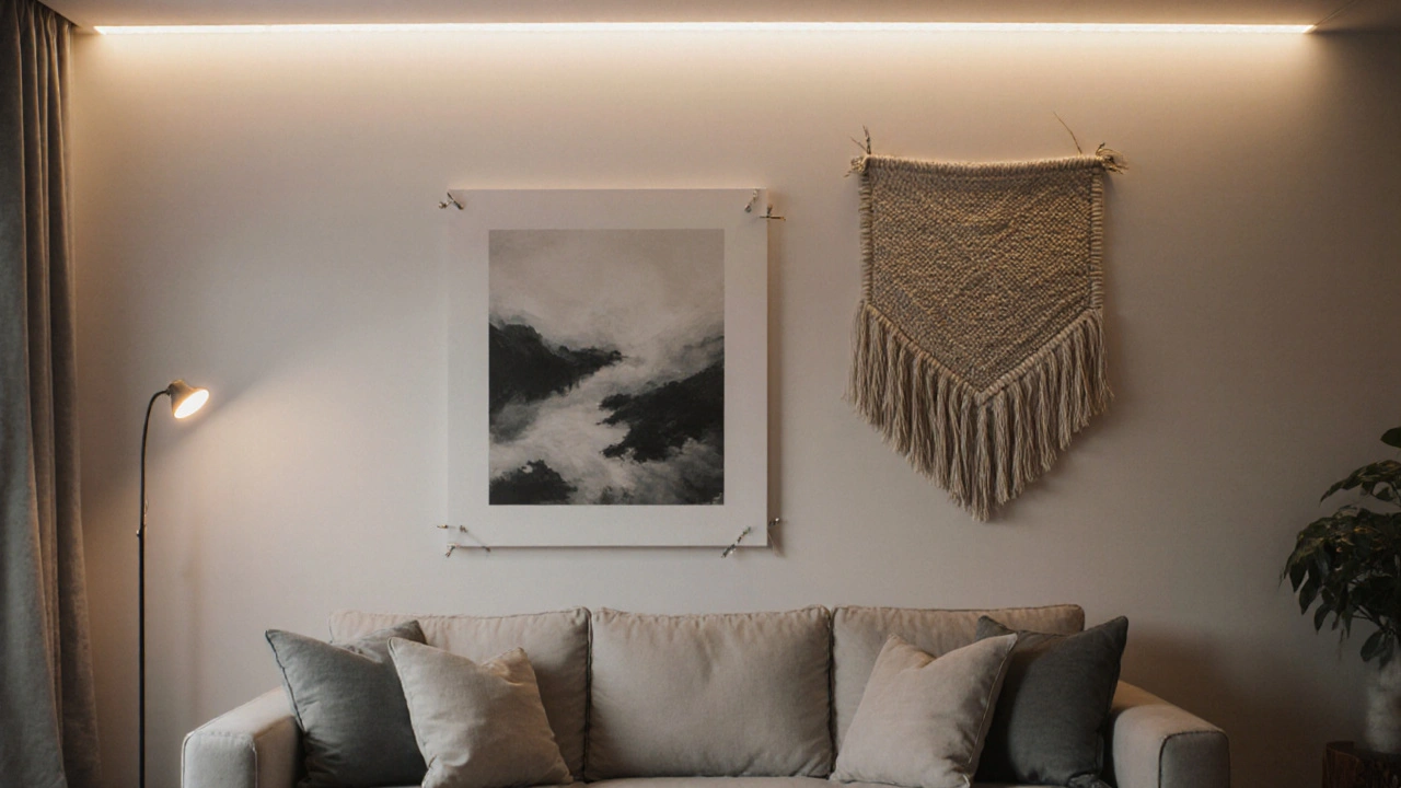 Vollendetes Zimmer mit angebrachter Wanddekoration und LED‑Lichtstreifen.