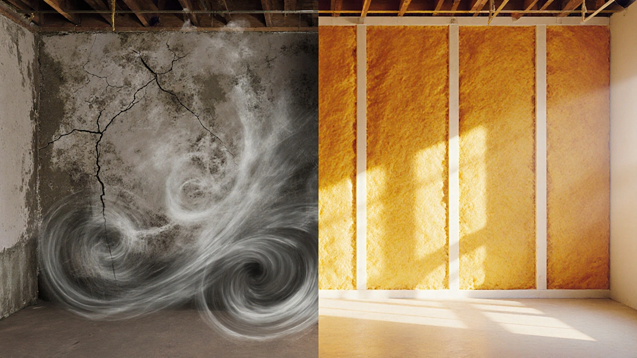 Vorher-Nachher-Vergleich eines sanierten Kellers: links Schimmel und Wärmeverlust, rechts warme, trockene, gedämmte Wände mit gleichmäßiger Wärme.