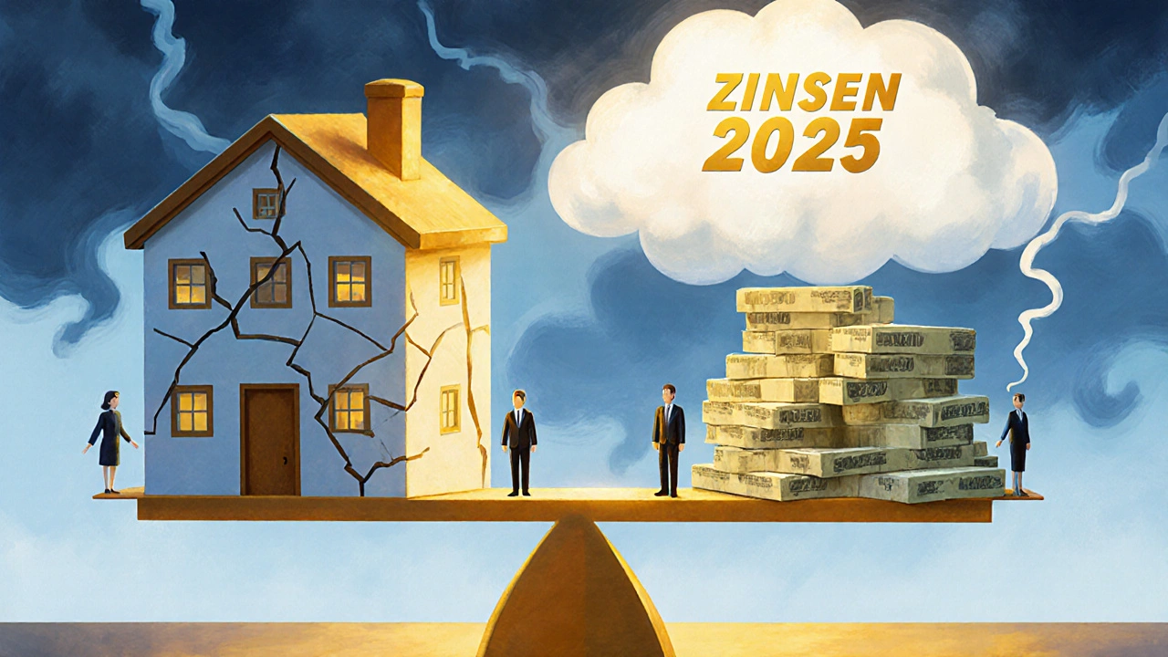 Waage mit beschädigtem Haus und Geldstapel, Symbol für Risiko und Chance bei Zwangsversteigerungen