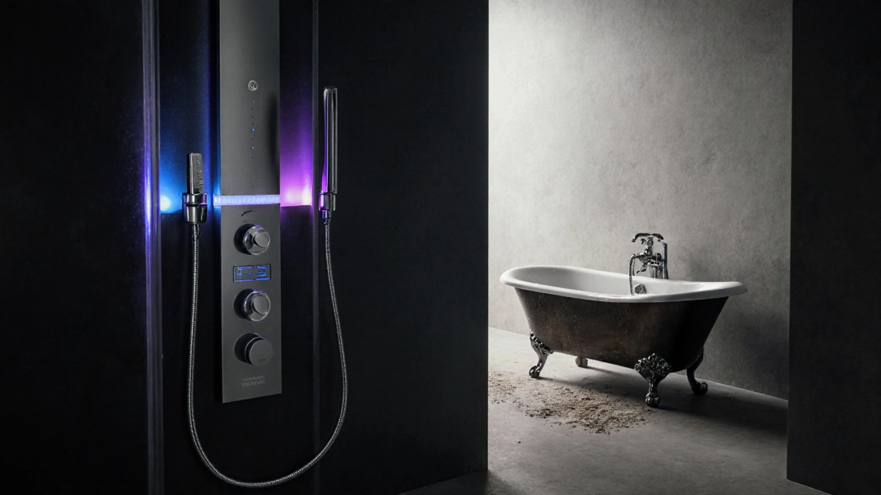 Zukünftige Dusche mit Smart-Technik neben einer verstaubten, ungenutzten Badewanne als Symbol des Wandels.