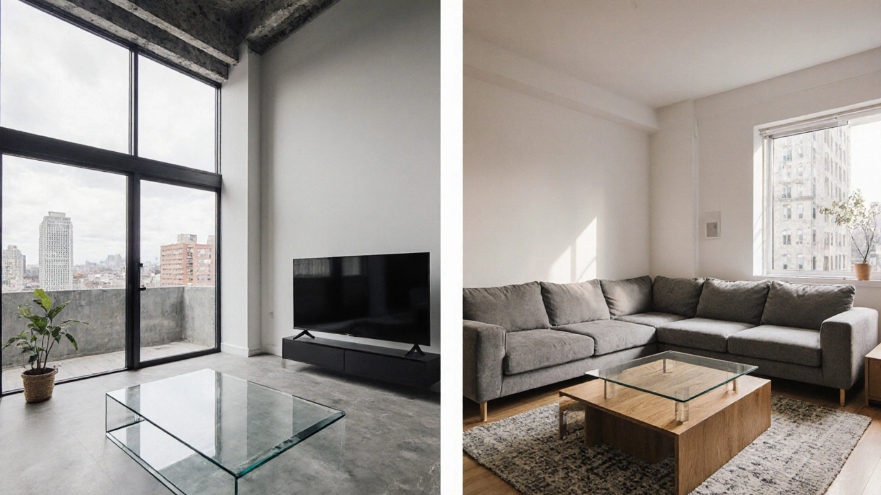 Zwei Szenen: Loft mit transparentem Glastisch und Stadtwohnung mit Holz‑Glas‑Couchtisch, beide mit korrekter Positionierung.