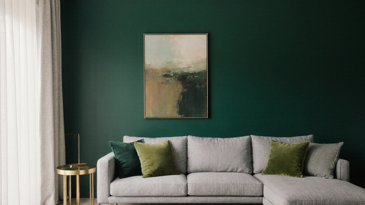 Akzentwand in Tannengrün mit grauem Sofa und Leinenkissen, morgendliches Licht