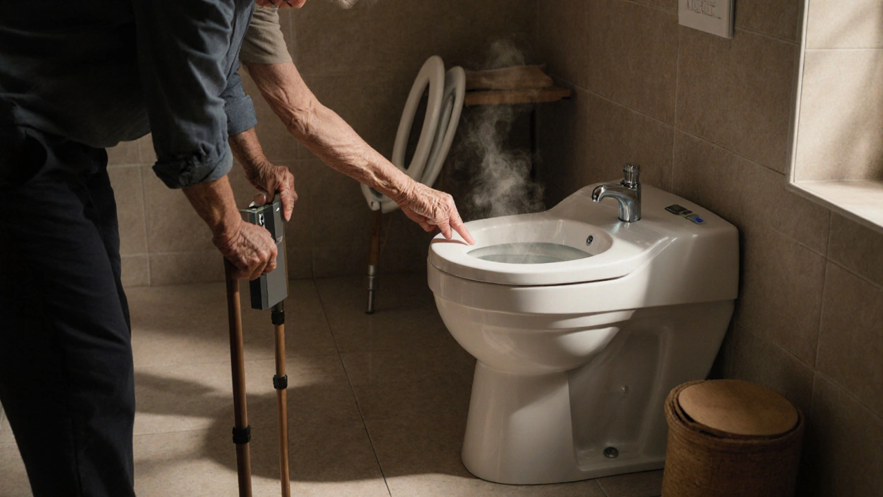 Ältere Person mit Gehstock, die bedienfreundlich ein Dusch-WC nutzt, warmes Licht und Handtuch im Hintergrund.