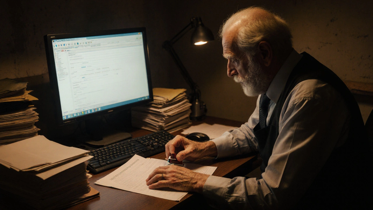Älterer Mitarbeiter in Gemeindeverwaltung bearbeitet Papierbauanträge, digitales Portal leuchtet im Hintergrund.