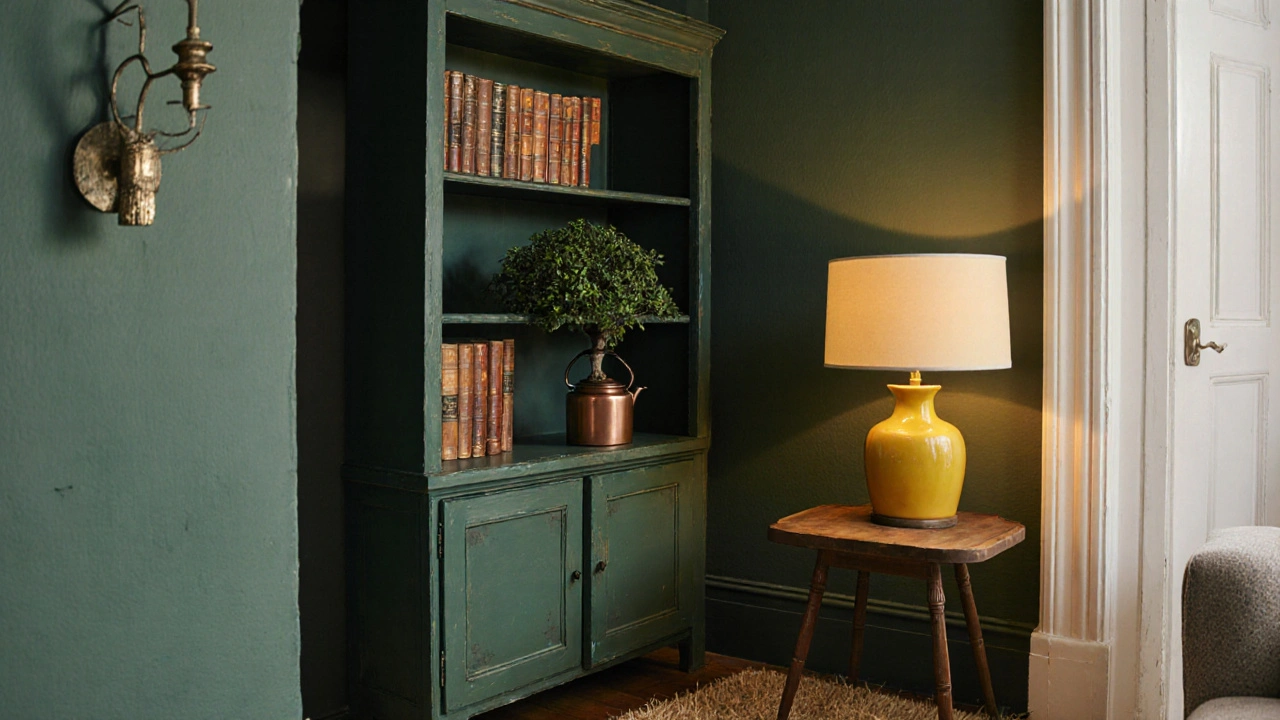 Antiker Bücherregal in Dunkelgrün mit Kupferlampe und Bonsai, gemütliche Ecke