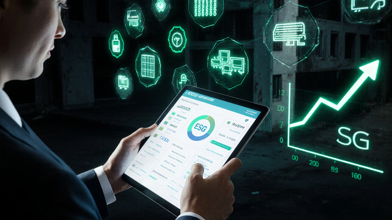 Bankmitarbeiterin prüft einen digitalen ESG-Score eines Gebäudes, während hinter ihr erneuerbare Energien und steigender Wert sichtbar sind.