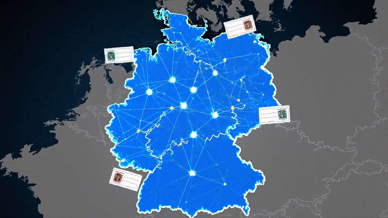 Deutschlandkarte mit digitalisierten Bundesländern in Blau, drei Regionen in Grau mit Papierakten.