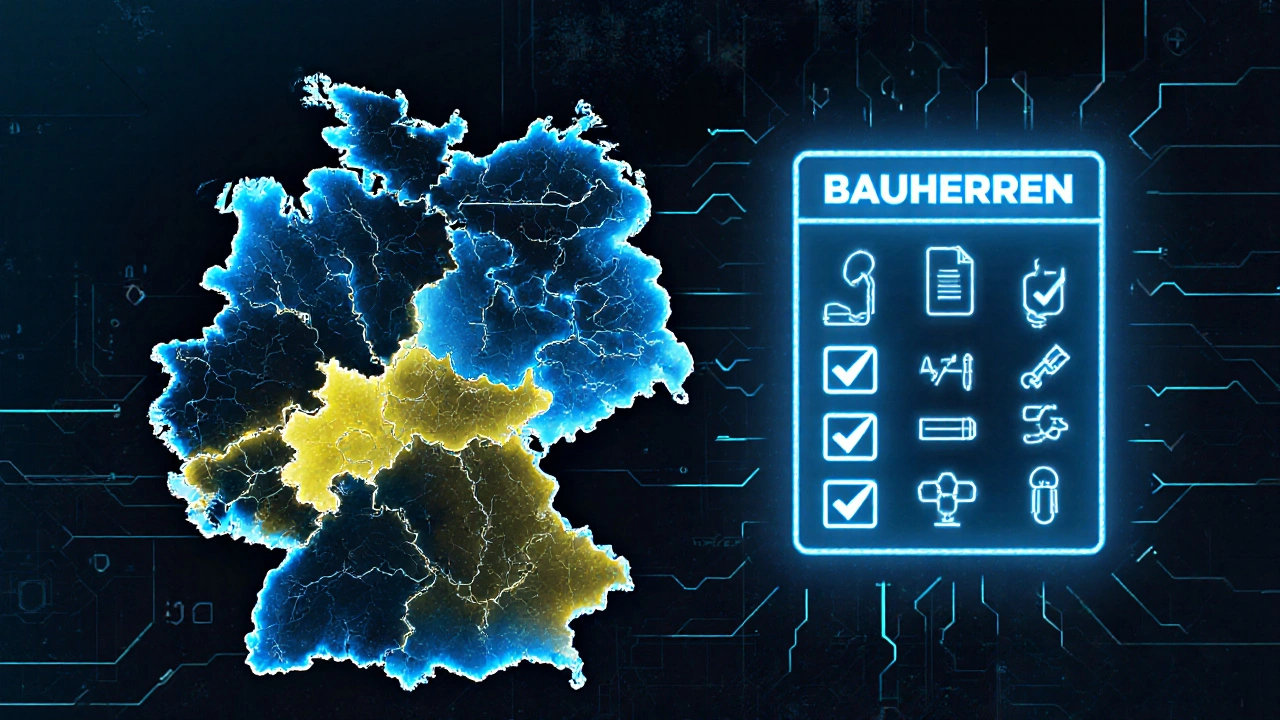 Digitale Deutschlandkarte mit farbigen Zonen für Energiestandards und Verzögerungspfeile, visualisiert Bauvorschriften ohne Text.