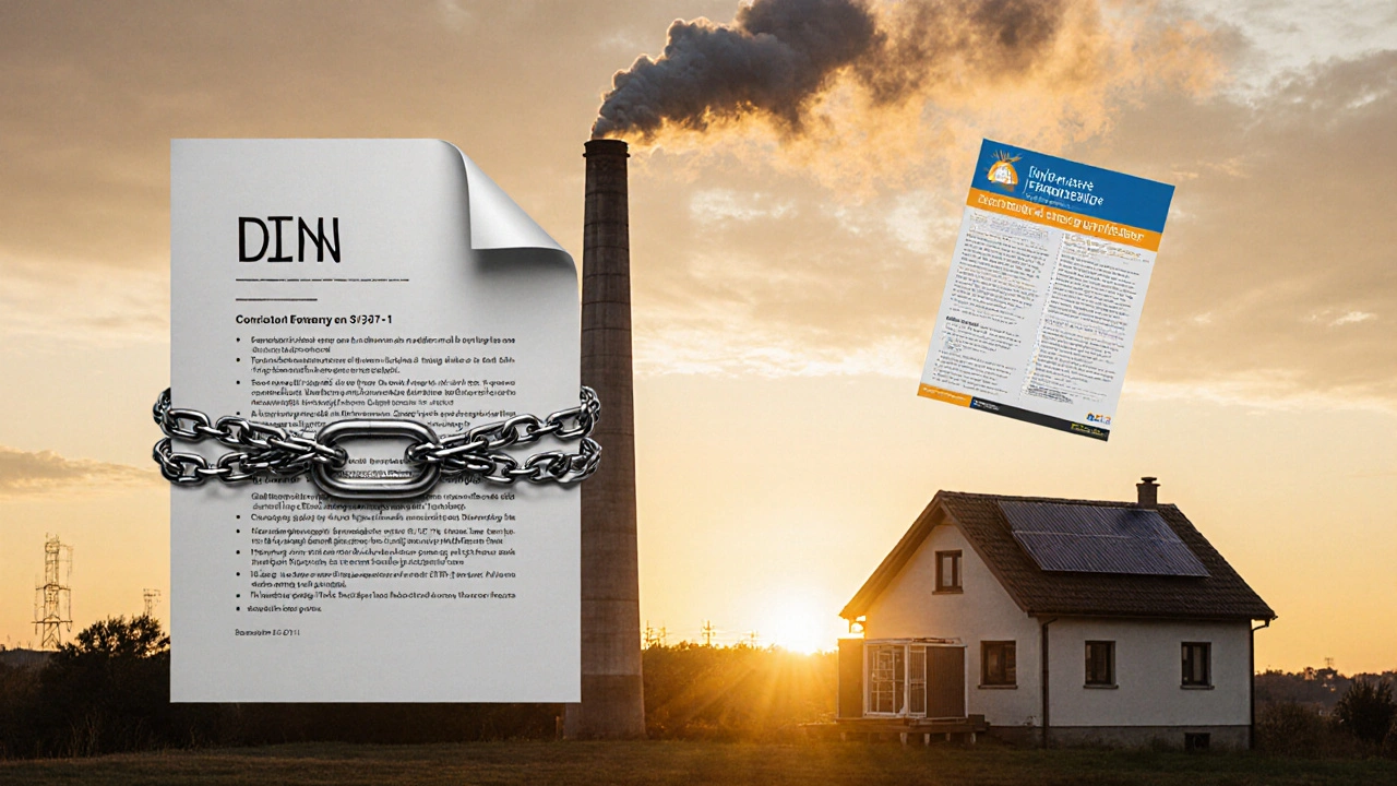 DIN-Norm als Kette an einer Fabrik, während eine BAFA-Beratung neben einem Haus schwebt.