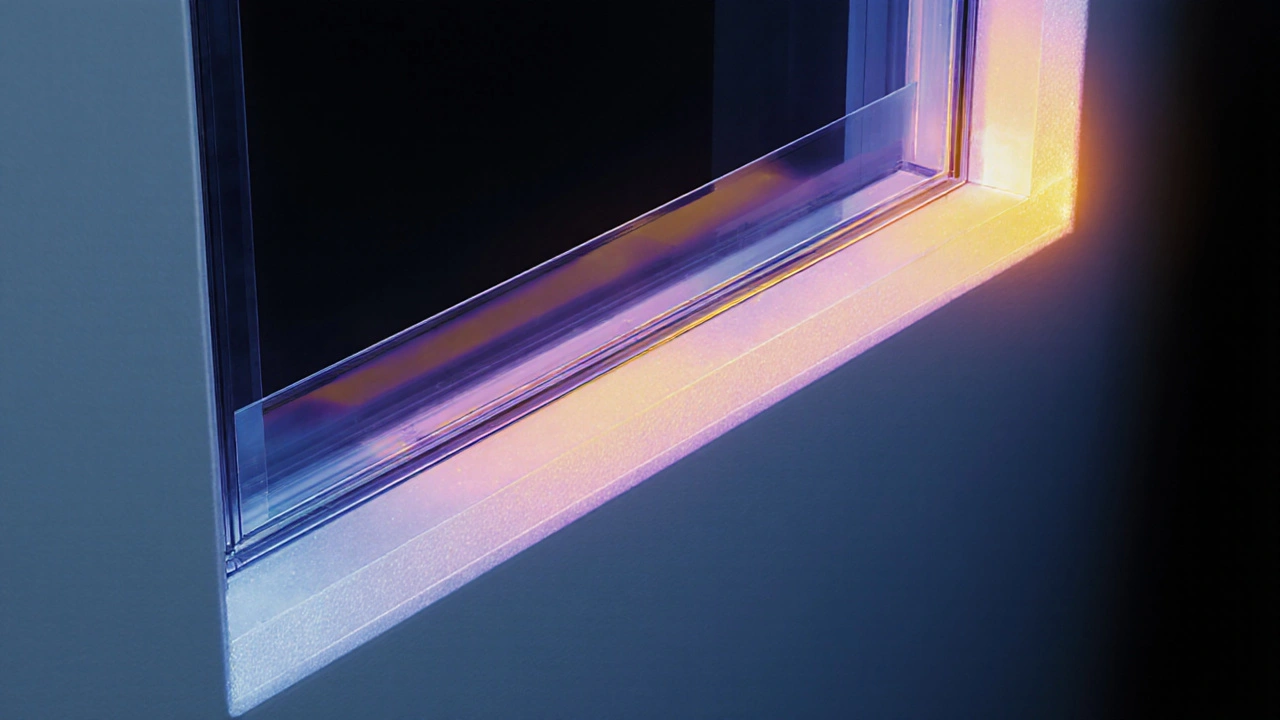 Drei Schichten der Fensterabdichtung: Dichtband, PU-Schaum und Silikon, symbolisch dargestellt.