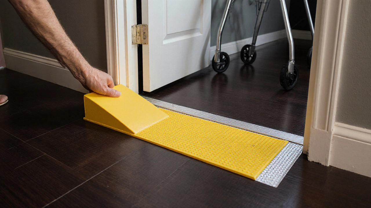 Eine unsichtbare Türschwelle wird mit einem gelben Gummiring und reflektierendem Klebeband sichtbar gemacht.