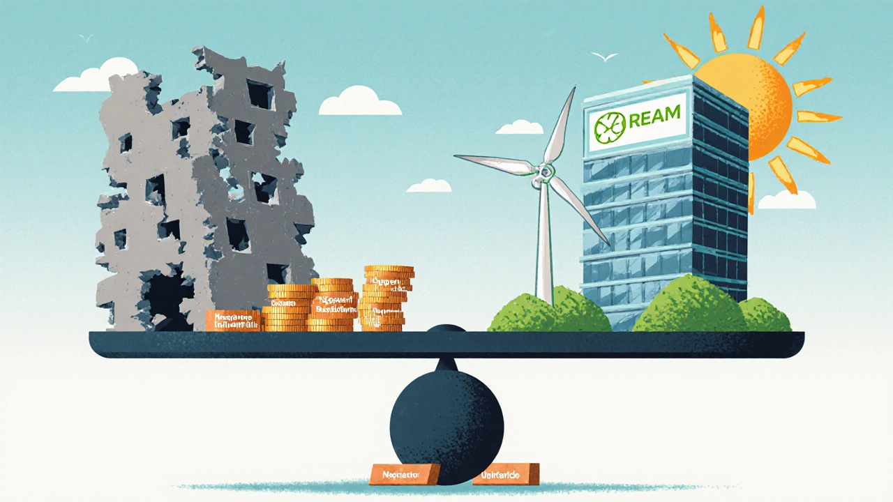 Eine Waage, die ein verfallenes Gebäude gegen ein grünes, zertifiziertes Gebäude abwägt – der Wert der Nachhaltigkeit dominiert.