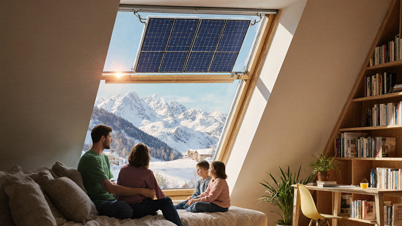 Familie sitzt vor einem smarten Dachfenster mit integrierter Photovoltaik, sonniges Licht und bergige Landschaft draußen.