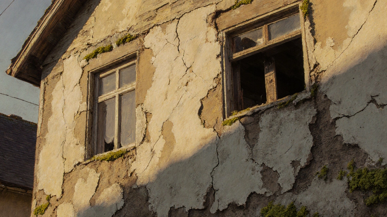 Fassade mit Rissen, abgefallenem Putz und verrotteter Holzverkleidung hinter den Fugen.