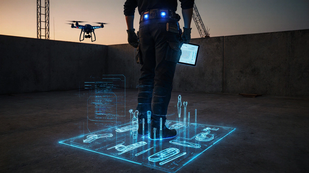 Futuristische Szene: Smarter Werkzeuggürtel projiziert AR-Tool-Positionen auf den Boden einer Baustelle.