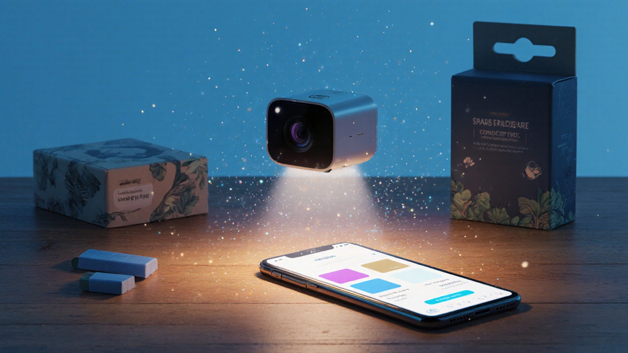 Futuristisches Reparaturgerät analysiert Bodenfarbe über eine Smartphone-App.