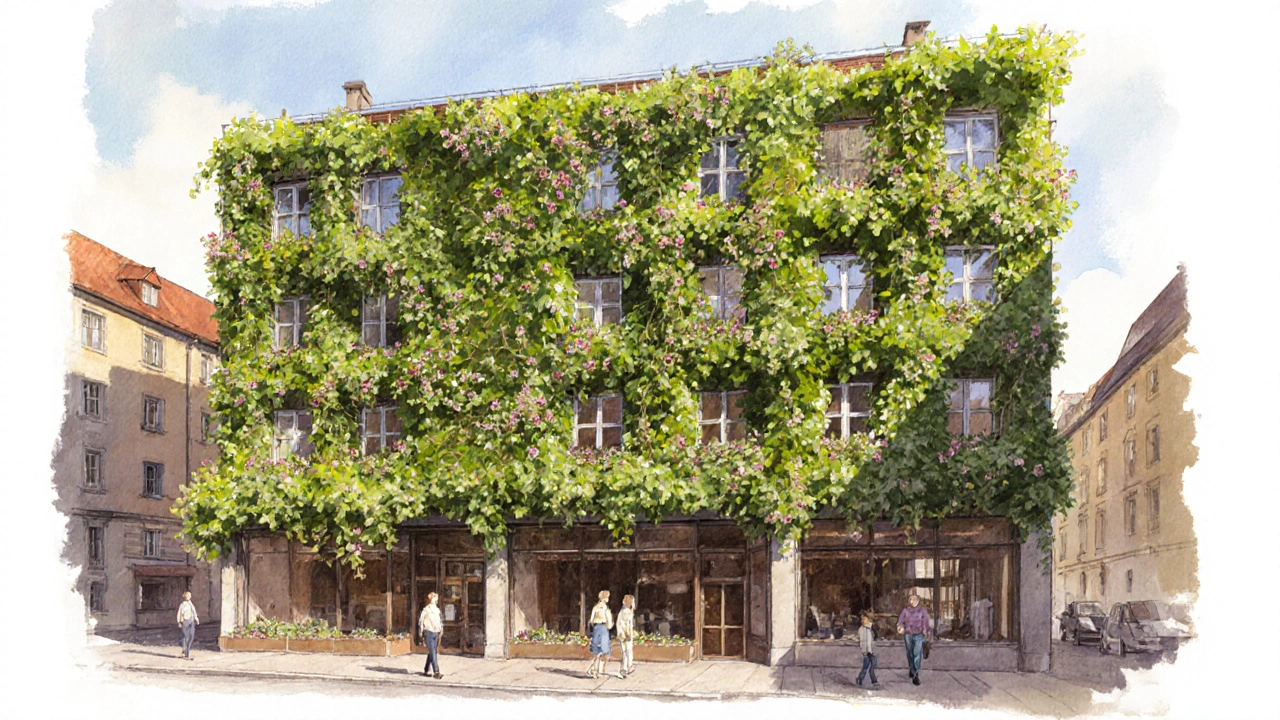 Gebäude mit bewachsenen Fassaden und Kletterpflanzen, Menschen gehen darunter.