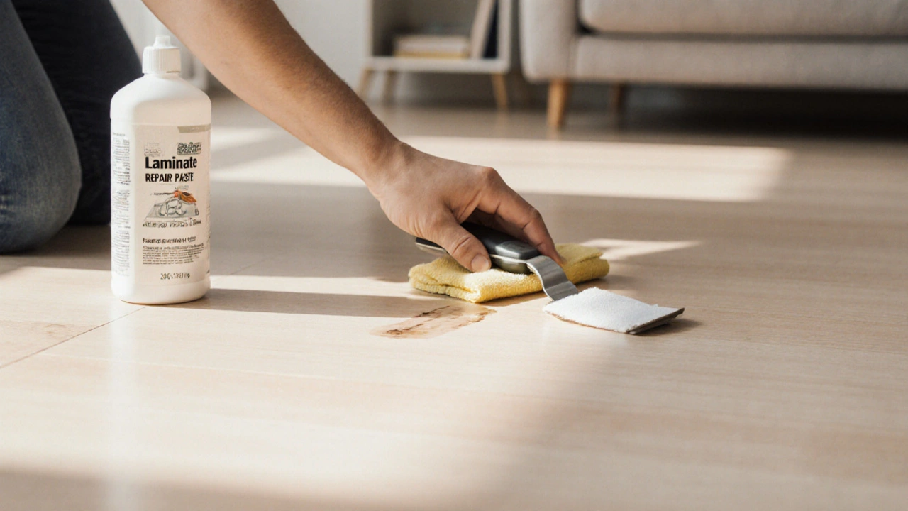 Hand poliert eine reparierte Delle auf Laminatboden mit einem Tuch.