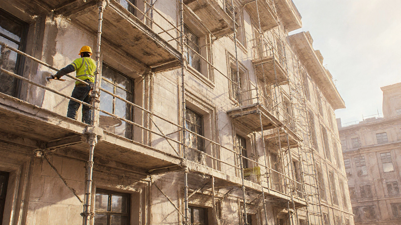 Handwerker installieren leichte Fassadenprofile mit Kleber und Armierungsmörtel an einem alten Gebäude.