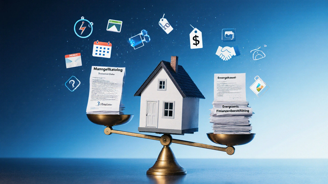 Haus auf einer Waage: Eine Seite mit Dokumenten, andere Seite mit digitalen Verkaufsinstrumenten, symbolische Darstellung eines erfolgreichen Verkaufs.