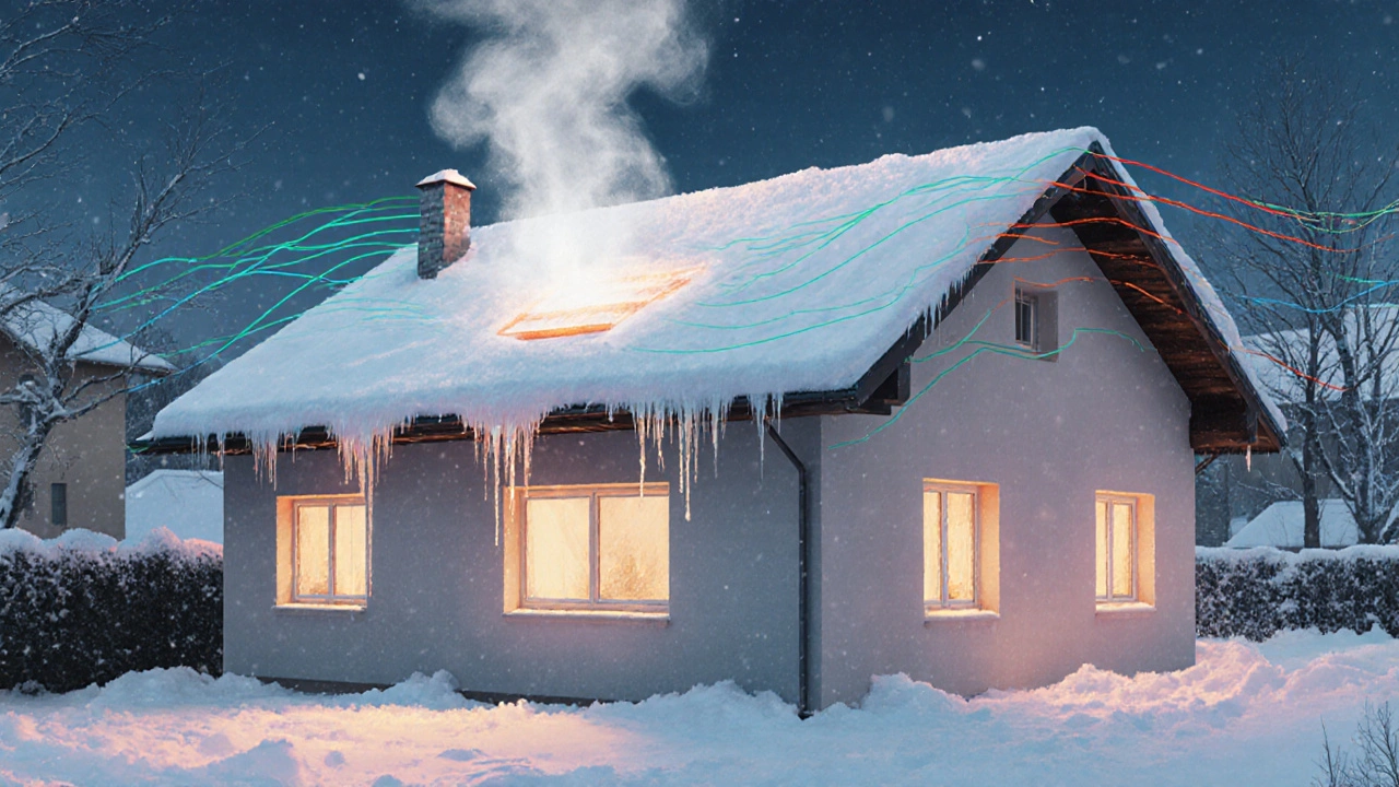 Haus in Graz mit warmem, schneefreiem Dach und warmem Licht in den Fenstern bei Winterwetter.