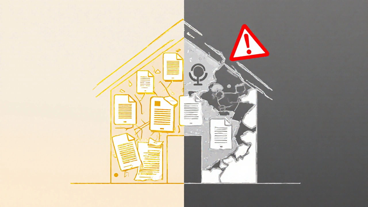 Haus-Silhouette mit vollständigen Dokumenten auf der einen Seite, fehlenden auf der anderen